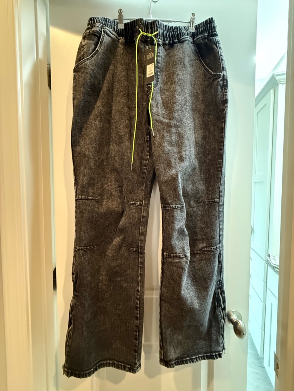 Fashion Nova Charcoal Washed Wide-Leg Jeans with Neon Yellow Drawcord